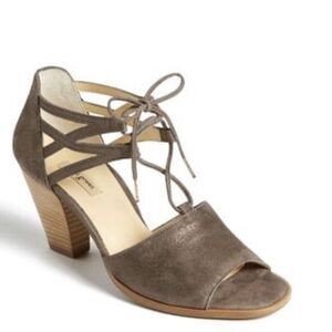 Paul Green Metallic Earth Suede Victorian Lace Up Block Heel Sandals Size US 9